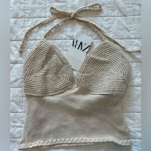 NWT- ZARA crochet halter off white crop top